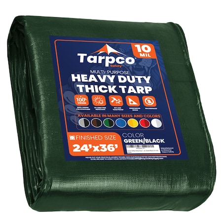 Tarpco Safety Heavy Duty Tarp, 36 ft L x 0.5 mm H x 24 ft W, 10 Mil, Green/Black, Polyethylene TS-153-24X36